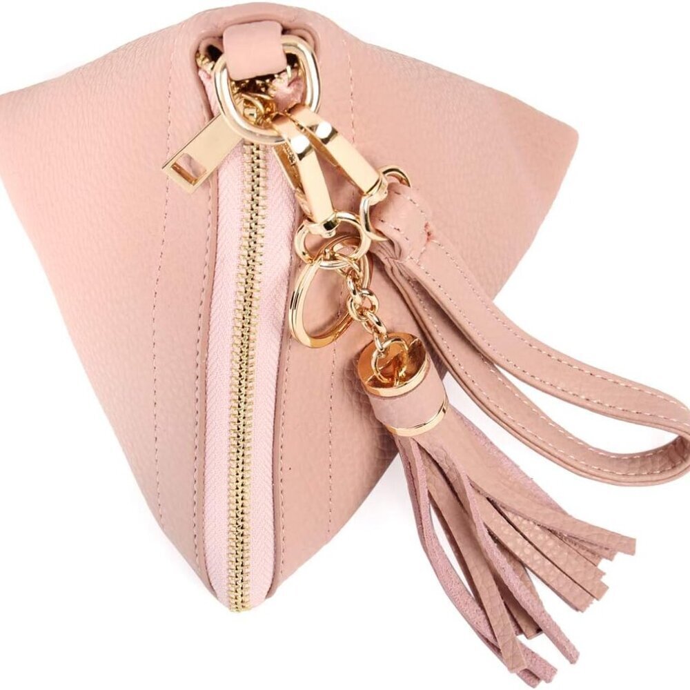 Triangle Vegan Leather Wristlet Clutch Pink Detachable Strap Tassel - Picture 3 of 6
